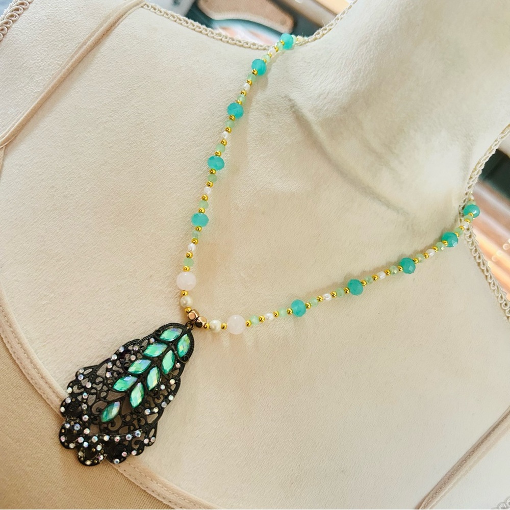 Handcrafted repurposed faceted glass amulet pendant genuine pearl bead necklace